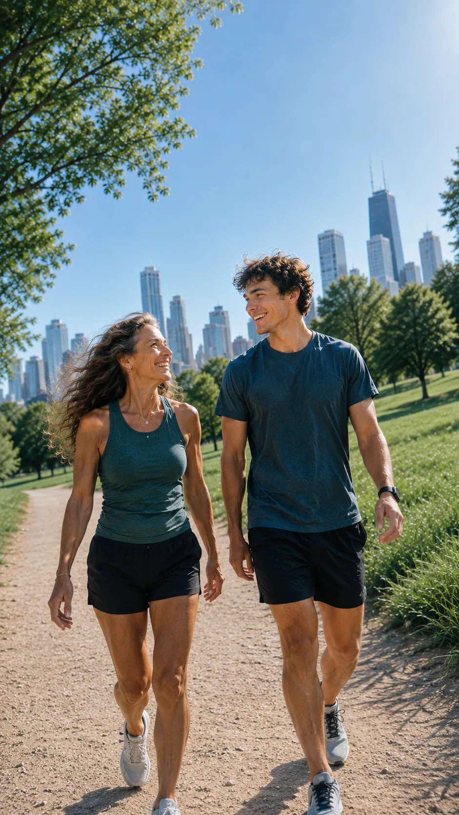 Una pareja camina al aire libre en un día soleado